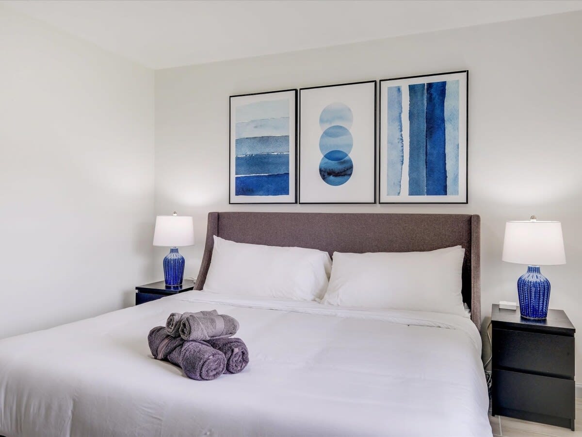 Sleep with ease; this bedroom has been decorated in soothing shades of blue and grey to create a tranquil, restful environment.